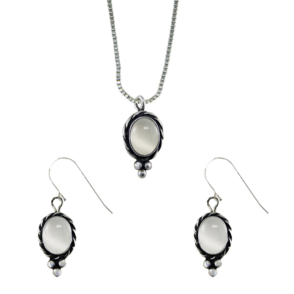 Sterling Silver Petite Necklace Earrings Set White Moonstone